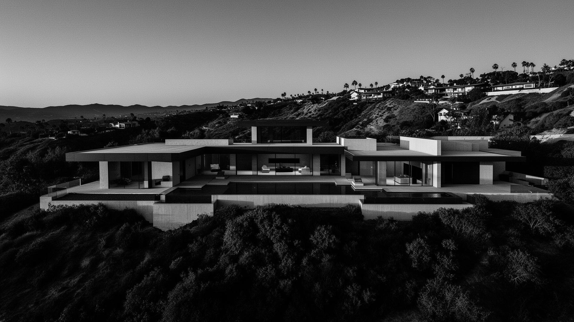 Modern California hillside estate at dusk